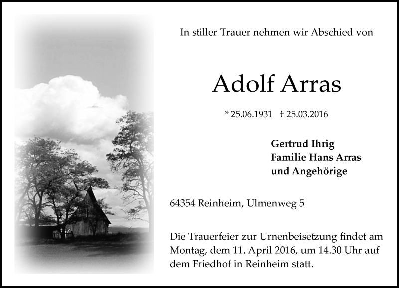  Traueranzeige für Adolf Arras vom 07.04.2016 aus trauer.echo-online.de