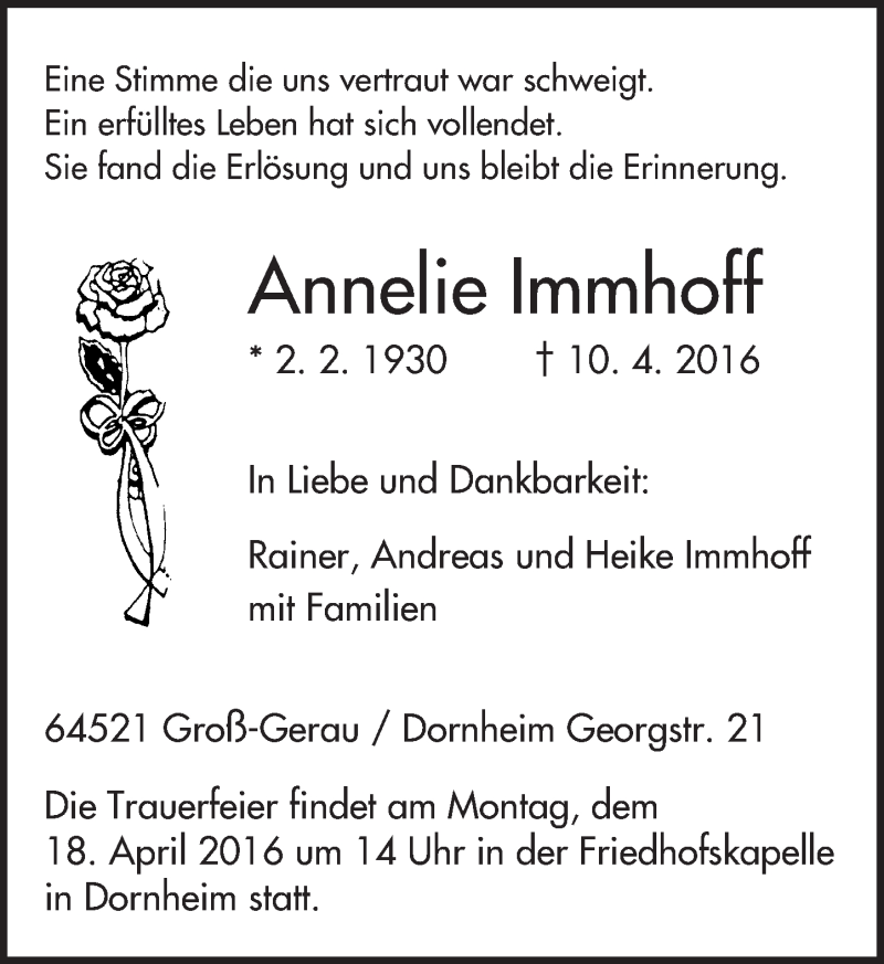  Traueranzeige für Annelie Immhoff vom 16.04.2016 aus trauer.echo-online.de