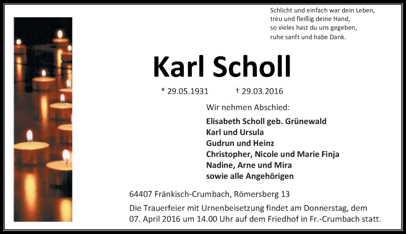  Traueranzeige für Karl Scholl vom 02.04.2016 aus trauer.echo-online.de