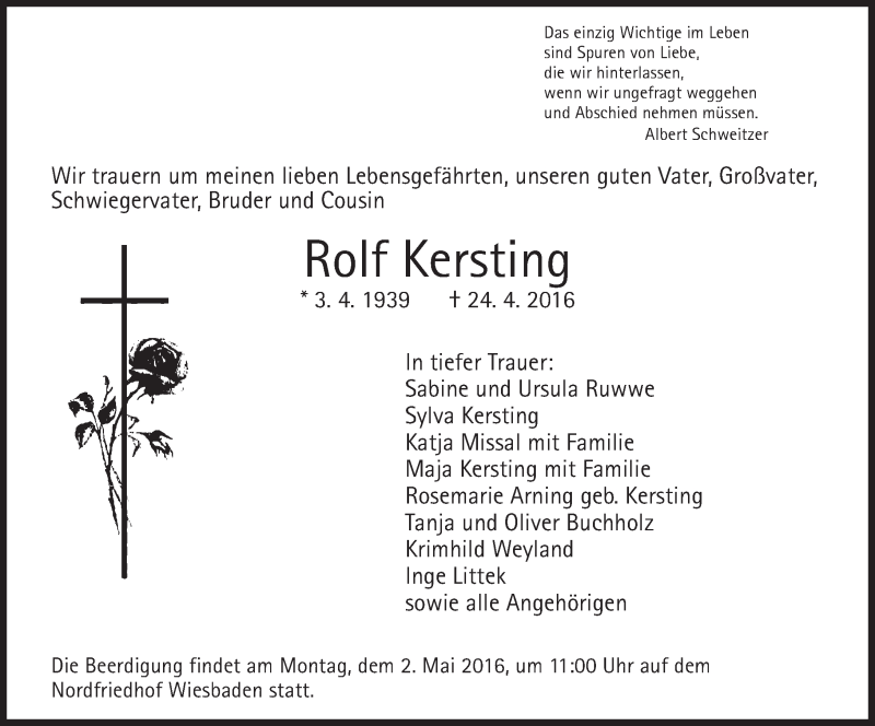  Traueranzeige für Rolf Kersting vom 30.04.2016 aus  Wiesbaden komplett