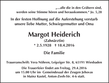 Traueranzeige von Margot Heiderich von  Wiesbaden komplett