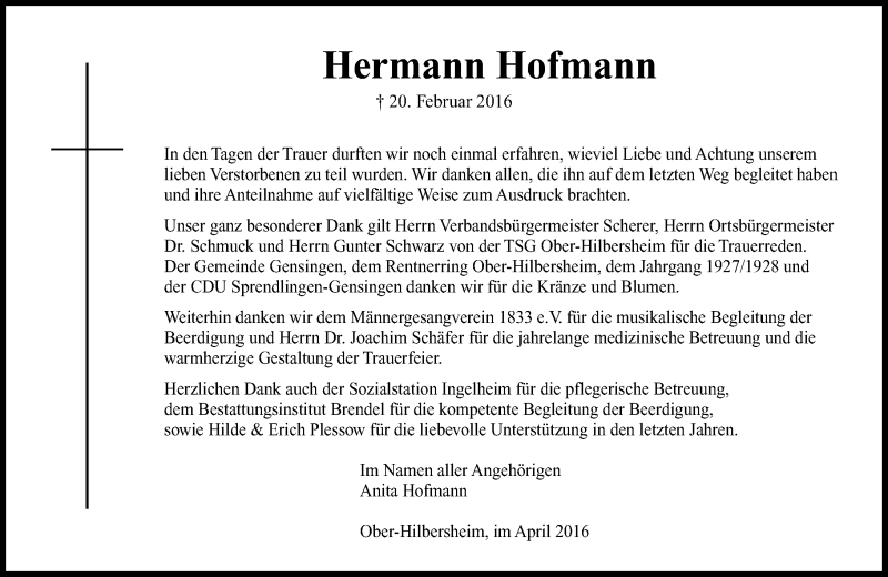 Traueranzeige für Hermann Hofmann vom 30.04.2016 aus  Allgemeine  Zeitung Ingelheim-Bingen