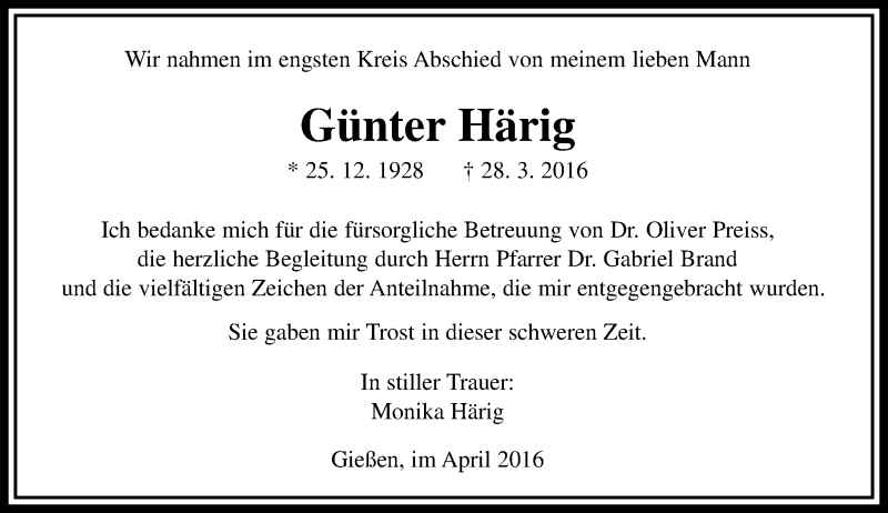  Traueranzeige für Günter Härig vom 26.04.2016 aus  Gießener Anzeiger