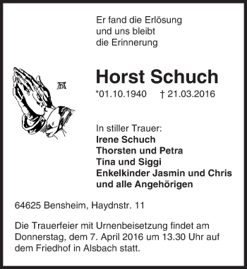 Traueranzeige von Horst Schuch von trauer.echo-online.de