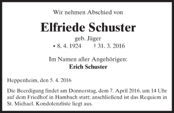 Traueranzeige von Elfriede Schuster von trauer.echo-online.de