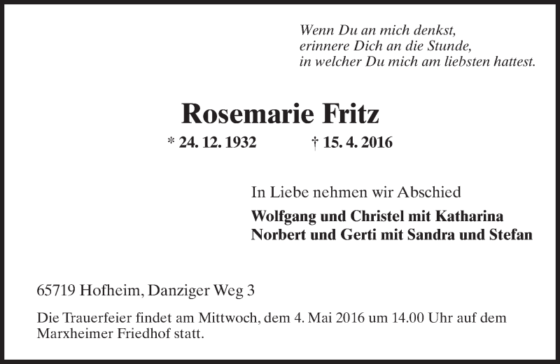  Traueranzeige für Rosemarie Fritz vom 29.04.2016 aus  Hofheimer Zeitung