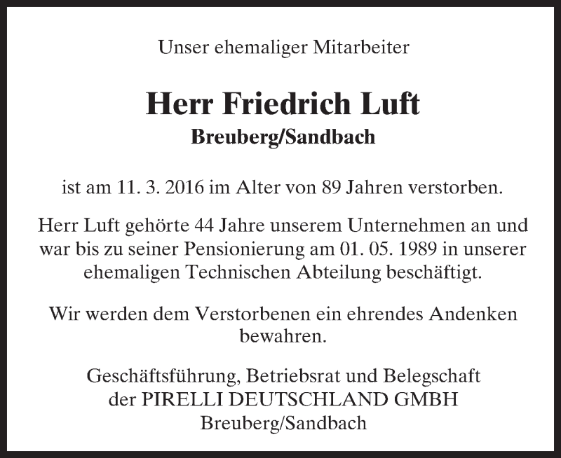  Traueranzeige für Friedrich Luft vom 07.04.2016 aus trauer.echo-online.de