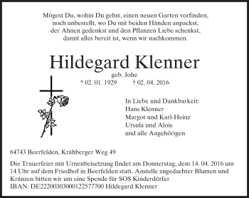 Traueranzeige von Hildegard Klenner von trauer.echo-online.de