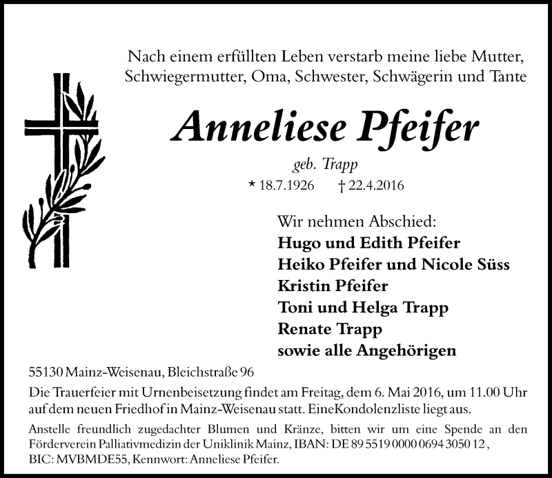  Traueranzeige für Anneliese Pfeifer vom 30.04.2016 aus  Allgemeine Zeitung Mainz