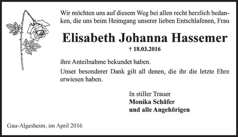  Traueranzeige für Elisabeth Johanna Hassemer vom 27.04.2016 aus  Allgemeine  Zeitung Ingelheim-Bingen