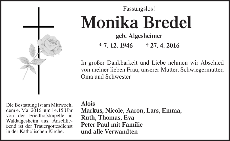  Traueranzeige für Monika Bredel vom 30.04.2016 aus  Allgemeine  Zeitung Ingelheim-Bingen