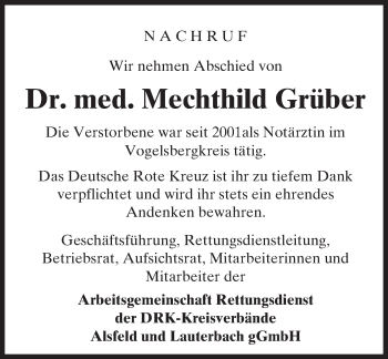 Traueranzeige von Mechthild Grüber von VRM Trauer