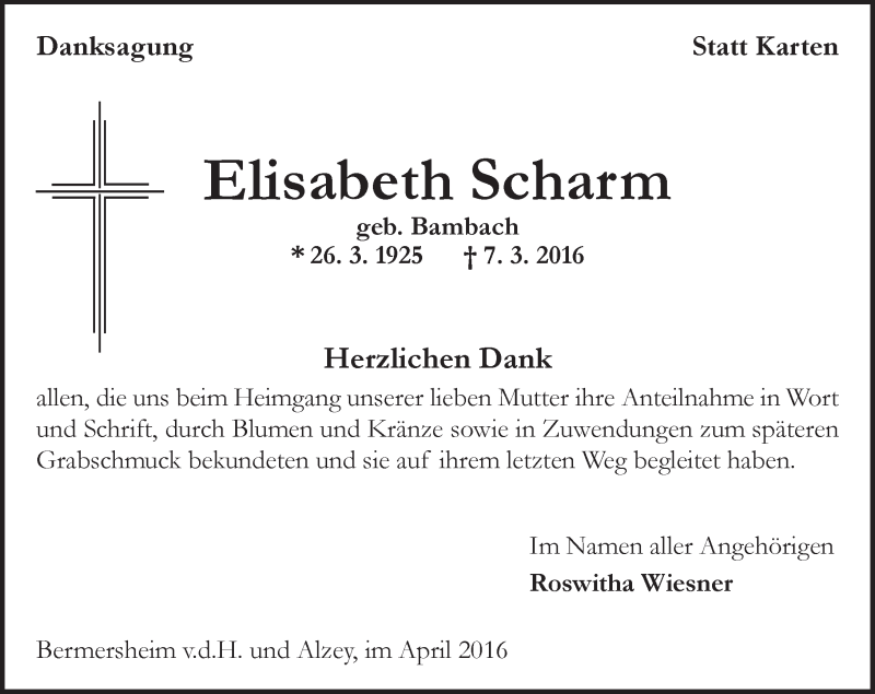 Traueranzeige für Elisabeth Scharm vom 30.04.2016 aus  Allgemeine Zeitung Alzey
