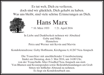 Traueranzeige von Hans Marx von  Usinger Anzeiger