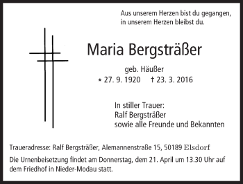 Traueranzeige von Maria Bergsträßer von trauer.echo-online.de