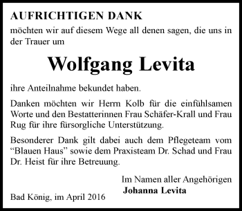 Traueranzeige von Wolfgang Levita von Trauerportal Echo Online