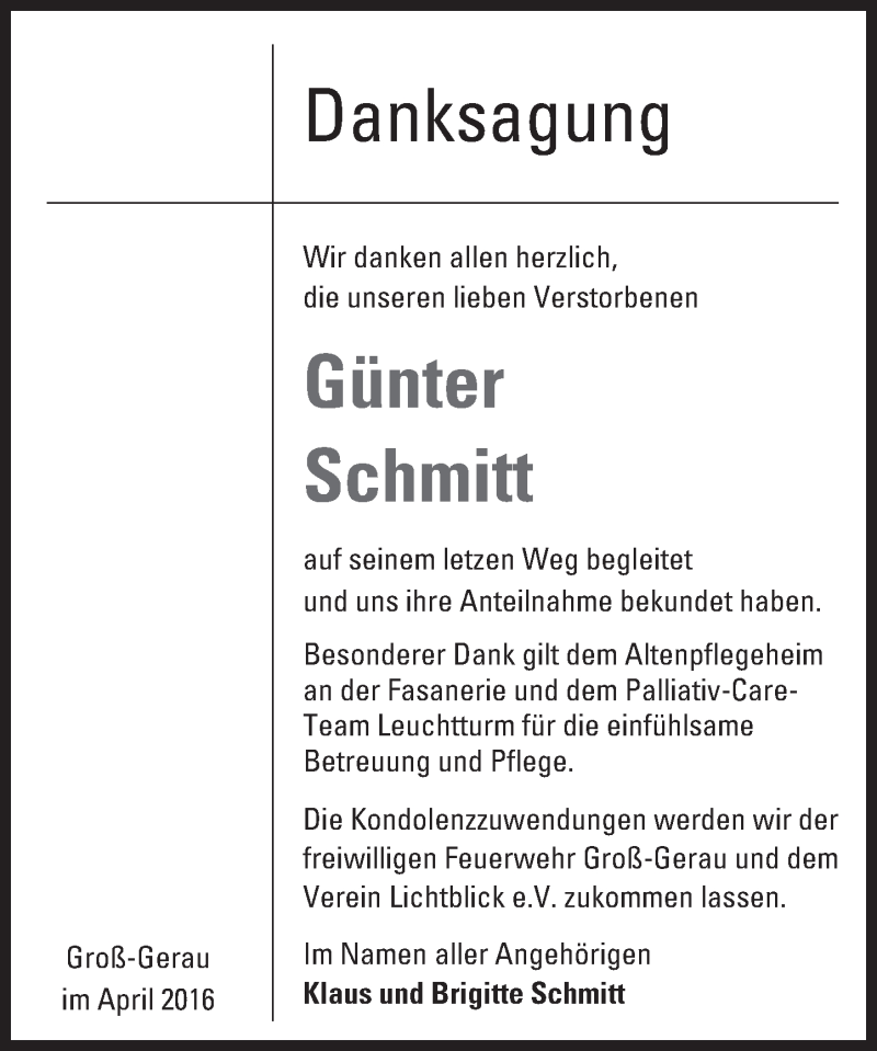  Traueranzeige für Günter Schmitt vom 16.04.2016 aus trauer.echo-online.de