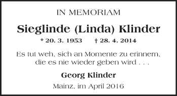 Traueranzeige von Sieglinde Klinder von  Allgemeine Zeitung Mainz