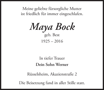 Traueranzeige von Maya Bock von trauer.echo-online.de