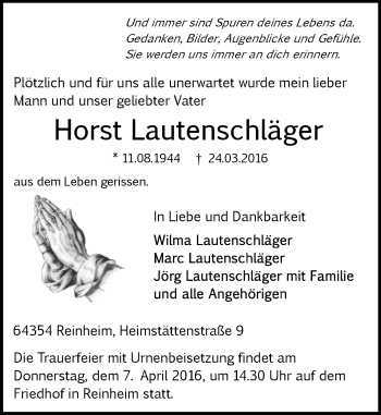 Traueranzeige von Horst Lautenschläger von trauer.echo-online.de