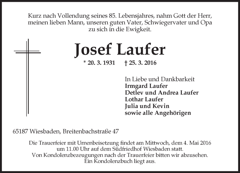  Traueranzeige für Josef Laufer vom 30.04.2016 aus  Wiesbaden komplett
