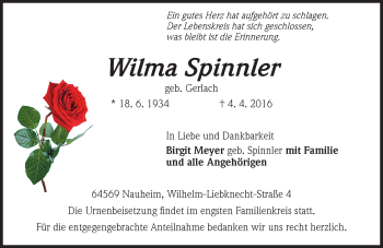 Traueranzeige von Wilma Spinnler von trauer.echo-online.de