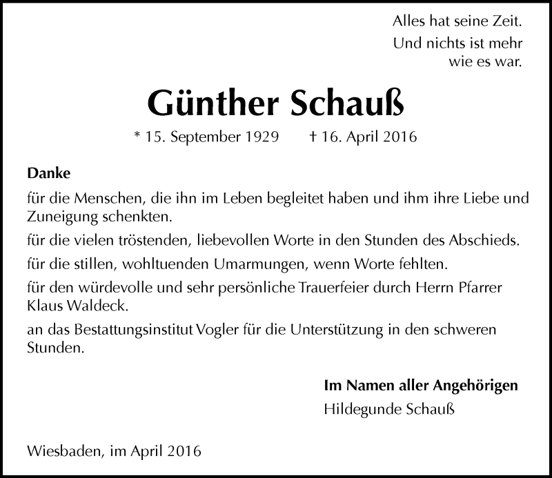  Traueranzeige für Günther Schauß vom 30.04.2016 aus  Wiesbaden komplett