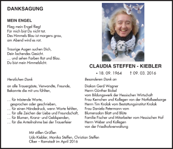 Traueranzeige von Claudia Steffen-Kiebler von trauer.echo-online.de