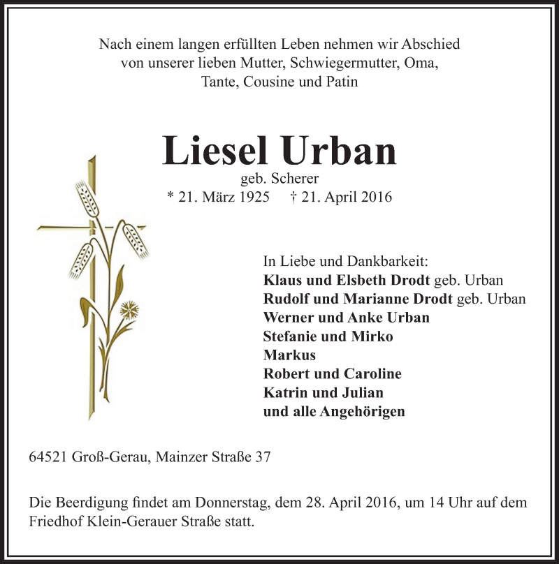  Traueranzeige für Liesel Urban vom 25.04.2016 aus trauer.echo-online.de