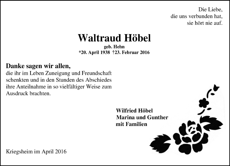  Traueranzeige für Waltraud Höbel vom 30.04.2016 aus  Wormser Zeitung