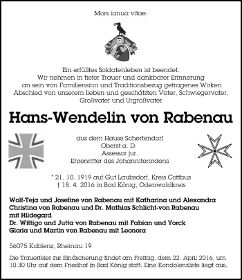 Traueranzeige von Hans-Wendelin von Rabenau von trauer.echo-online.de
