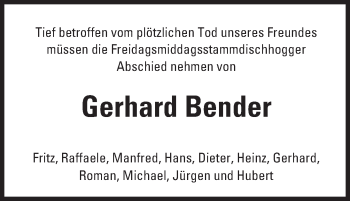 Traueranzeige von Gerhard Bender von Trauerportal Echo Online