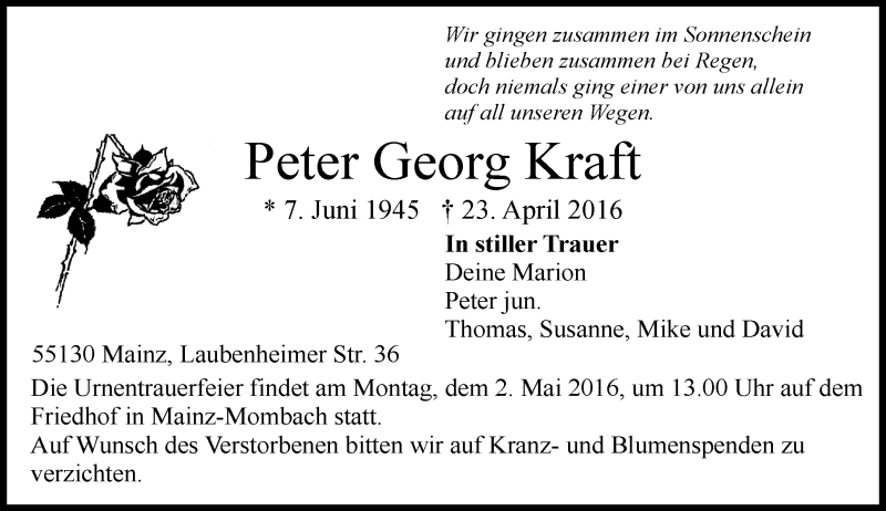  Traueranzeige für Peter Georg Kraft vom 28.04.2016 aus  Allgemeine Zeitung Mainz