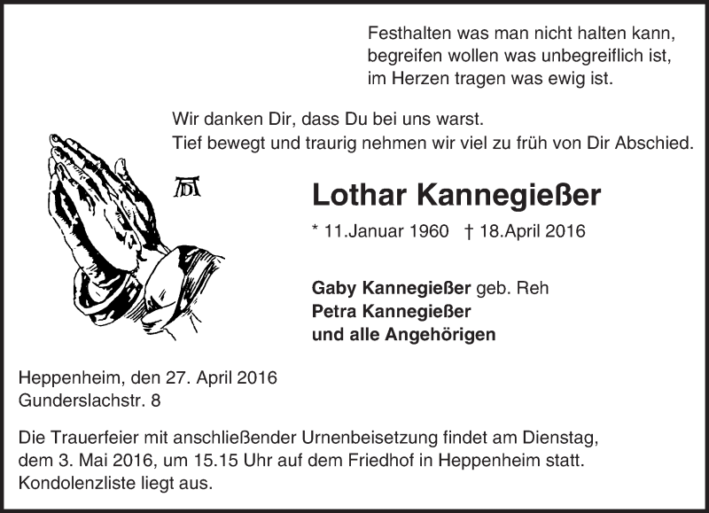  Traueranzeige für Lothar Kannegießer vom 27.04.2016 aus Trauerportal Echo Online