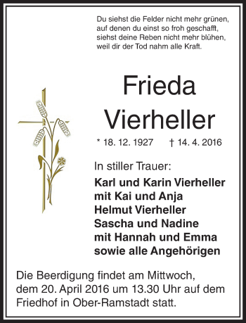 Traueranzeige von Frieda Vierheller von trauer.echo-online.de