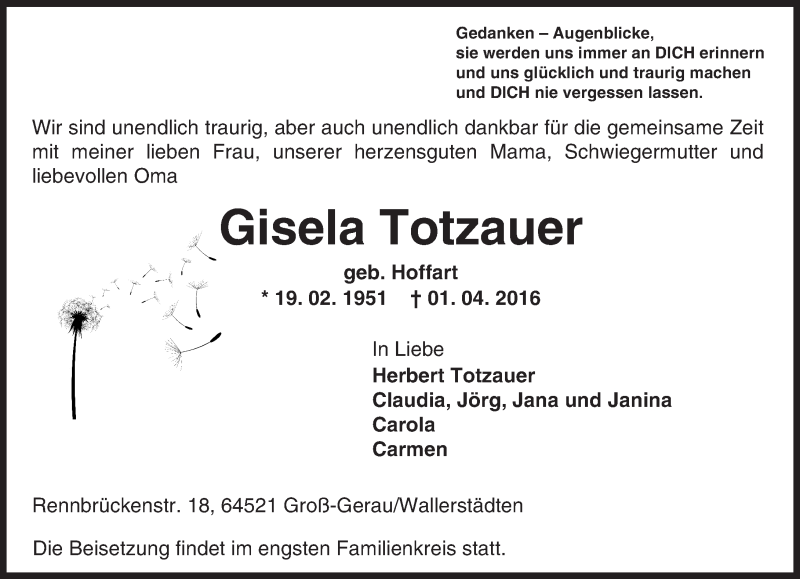  Traueranzeige für Gisela Totzauer vom 09.04.2016 aus trauer.echo-online.de
