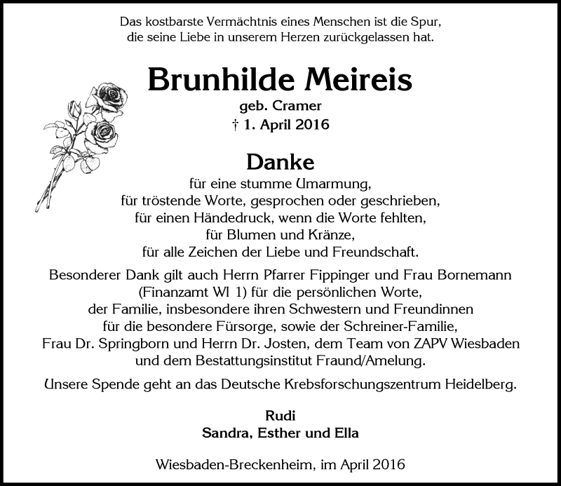  Traueranzeige für Brunhilde Meireis vom 30.04.2016 aus  Wiesbaden komplett