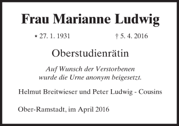 Traueranzeige von Marianne Ludwig von trauer.echo-online.de