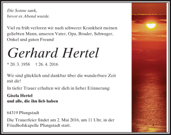 Traueranzeige von Gerhard Hertel von Trauerportal Echo Online