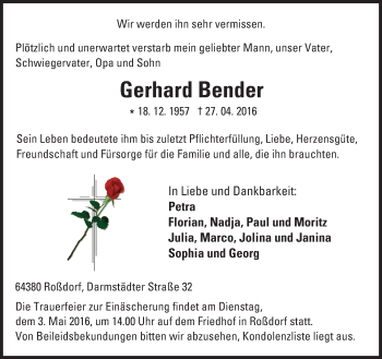 Traueranzeige von Gerhard Bender von Trauerportal Echo Online