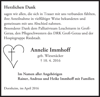 Traueranzeige von Annelie Immhoff von Trauerportal Echo Online