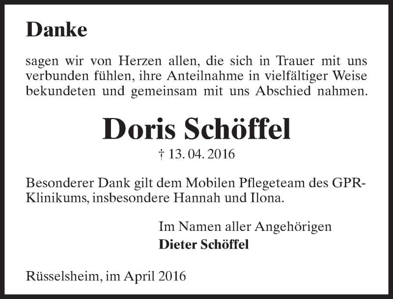  Traueranzeige für Doris Schöffel vom 30.04.2016 aus  Mainspitze