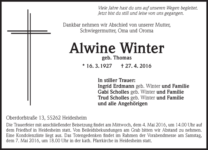  Traueranzeige für Alwine Winter vom 30.04.2016 aus  Allgemeine Zeitung Mainz