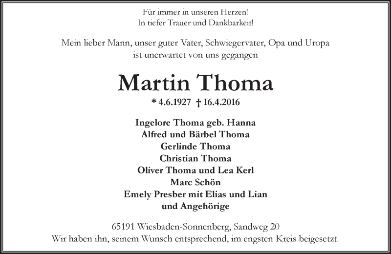  Traueranzeige für Martin Thoma vom 30.04.2016 aus  Wiesbaden komplett