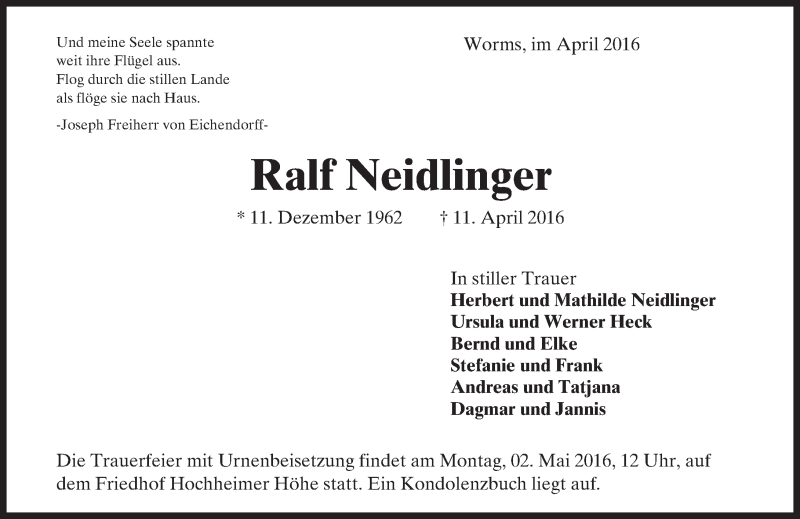  Traueranzeige für Ralf Neidlinger vom 29.04.2016 aus  Wormser Zeitung