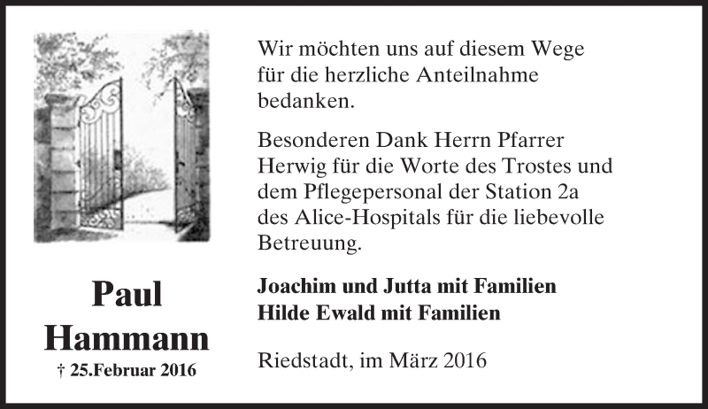  Traueranzeige für Paul Hammann vom 02.04.2016 aus trauer.echo-online.de