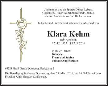 Traueranzeige von Klara Kehm von Darmstädter Echo