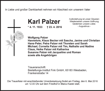 Traueranzeige von Karl Palzer von  Allgemeine Zeitung Mainz