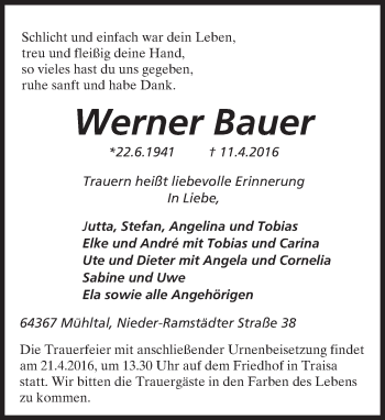 Traueranzeige von Werner Bauer von trauer.echo-online.de