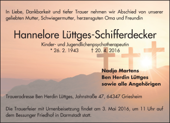 Traueranzeige von Hannelore Lüttges-Schifferdecker von Trauerportal Echo Online